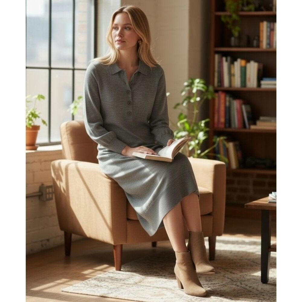 J.CREW Midi Sweater Dress Gray Merino Wool Long Sleeve Collared Women's XSmall - Picture 11 of 11